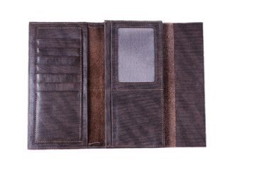 Empty opened brown wallet from real leather