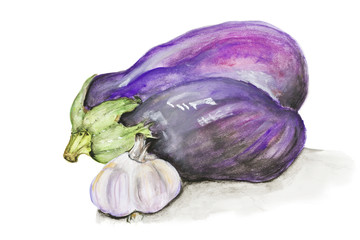 blue eggplant and garlic isolated
