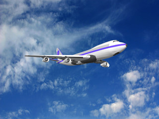 Flying jet airplane, 3D render.