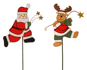 Santa Claus and Reindeer - wooden ornaments on a stick - obrazy, fototapety, plakaty