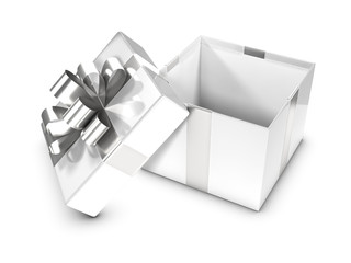 3d Open white Gift box with silver bow
