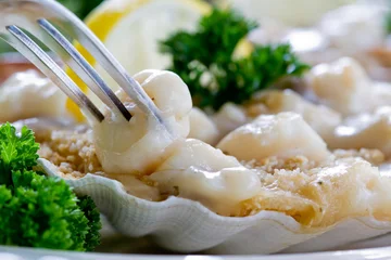 Printed kitchen splashbacks meal dishes Shellfish dish - scallops in Jacob shells