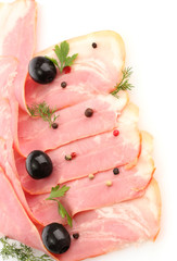 tasty bacon with olives and spices, isolated on white