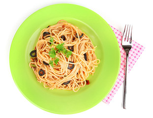Italian spaghetti in plate isolated on white