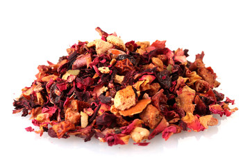 aromatic dry tea with fruits and petals, isolated on white