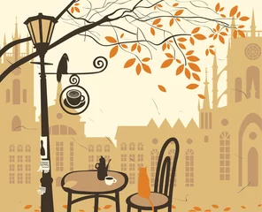Deurstickers Tekening straatcafé landschap van de oude stad met een straatcafé