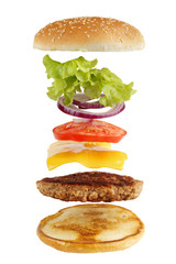 Exploded view of burger, isolated on white - 46757638
