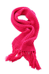 Pink knitted scarf isolated on white.