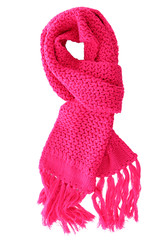 Pink knitted scarf isolated on white.