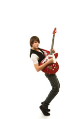 Passionate guitarist playing isolated on white