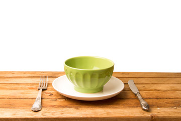 Wooden table arrangement on white background