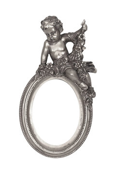 Oval baroque silver frame with cupid isolated on white.