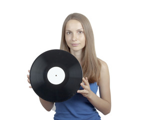 Girl with vinyl disc, isolated on white background