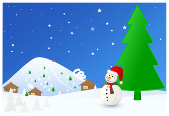winter time Christmas landscape with snowman,