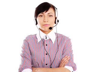 Young woman with headset isolated on white background