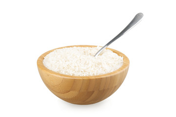 Fototapeta na wymiar wood bowl with rice and steel spoon