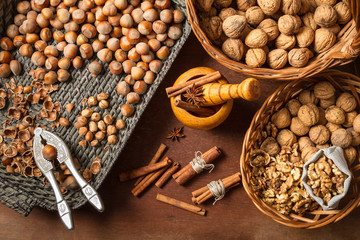 Nuts and cinnamon as the various ingredients