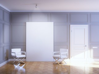 Gallery Interior with empty frame on wooden floor