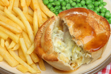 Chicken Pie with Chips and Peas