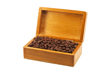 Coffee beans in the old wooden box isolated