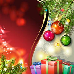 Wood background with Christmas gifts and balls