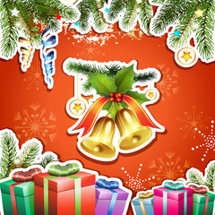 Red background with Christmas bells and gifts