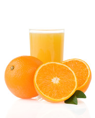 juice and oranges on white