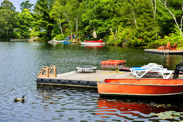 Cottage lake with diving platform and docks