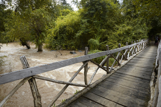 Laos. Siphandon. Wooden bridge over the Mekong river