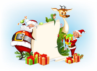 background with reindeer, Santa Claus and his elves
