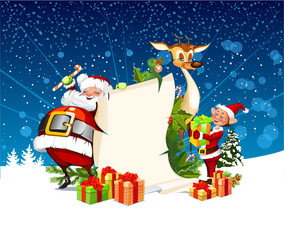 Christmas card with Santa Claus reindeer and elves