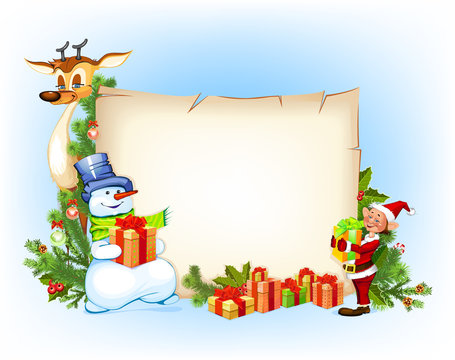 Christmas  background with a snowman reindeer and an elf