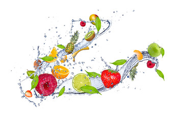 Mix of fruit in water splash, isolated on white background