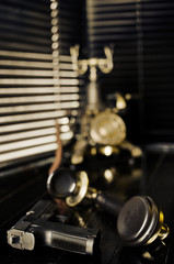 Retro Film Noir Scene - Vintage Phone, Gun and Blinds