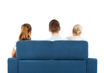 Three people sitting on a sofa back, white background