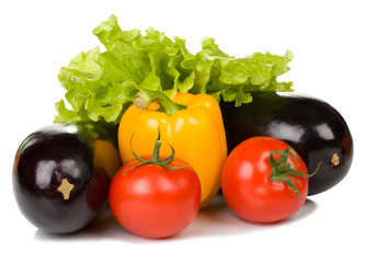 fresh eggplant, tomato and pepper