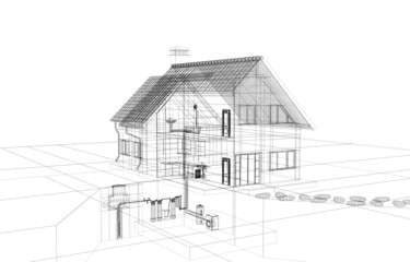 Schema Geotermia, pompe di calore, caldaia, rendering 3d