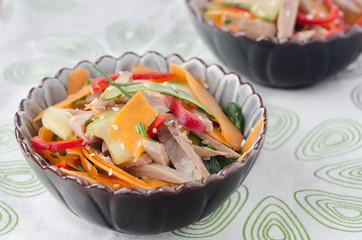 closeup salad with peppers, cucumber and beef tongue