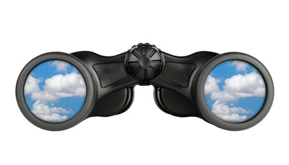 Binoculars with reflection of blue sky in lenses