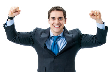 Happy gesturing businessman, isolated