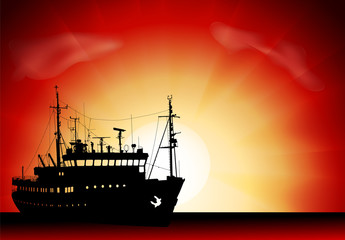Vector silhouette of the ship on sunset