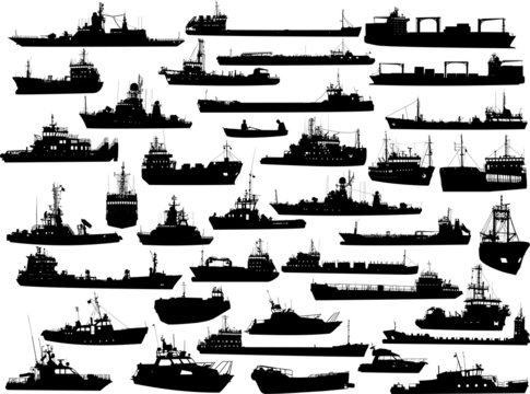 Set of 38 (thirty eight) silhouettes of sea ships