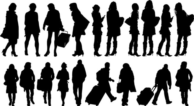 Set of 19 silhouettes of people in action