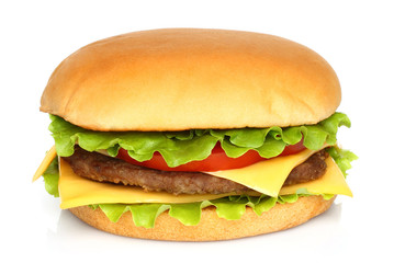 Big hamburger on white background - obrazy, fototapety, plakaty