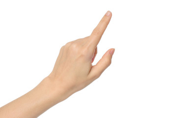 Woman hand on white background