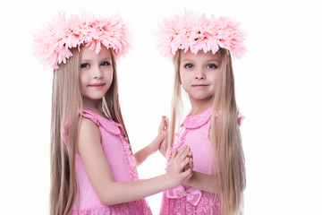 Two beautiful little girls in pink dresses