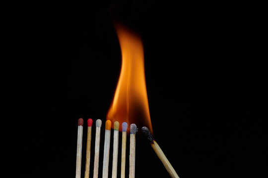 A line of multi color safety matches