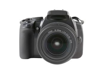 Reflex photocamera over white isolated background