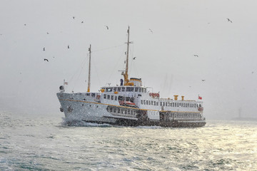 Istanbul ferry sailing in to Bosporus Sea in winter
