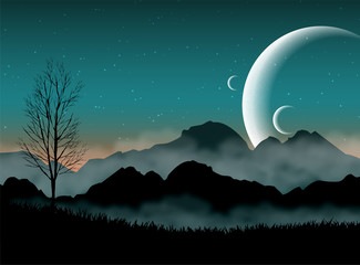 Nocne niebo SF z sylwetkami gór i bliskimi planetami